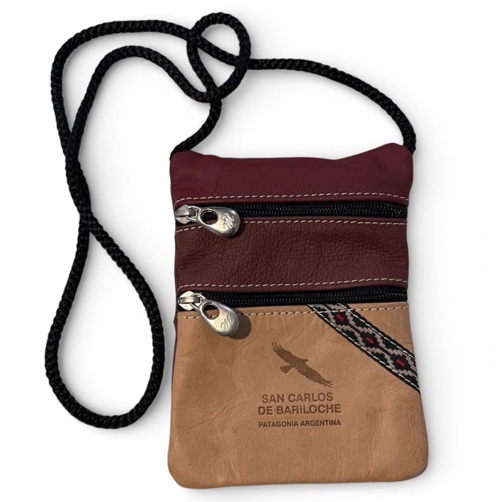Artisan Brown Leather and Burgundy Crossbody Bag Rustic Boho Earthy Heritage